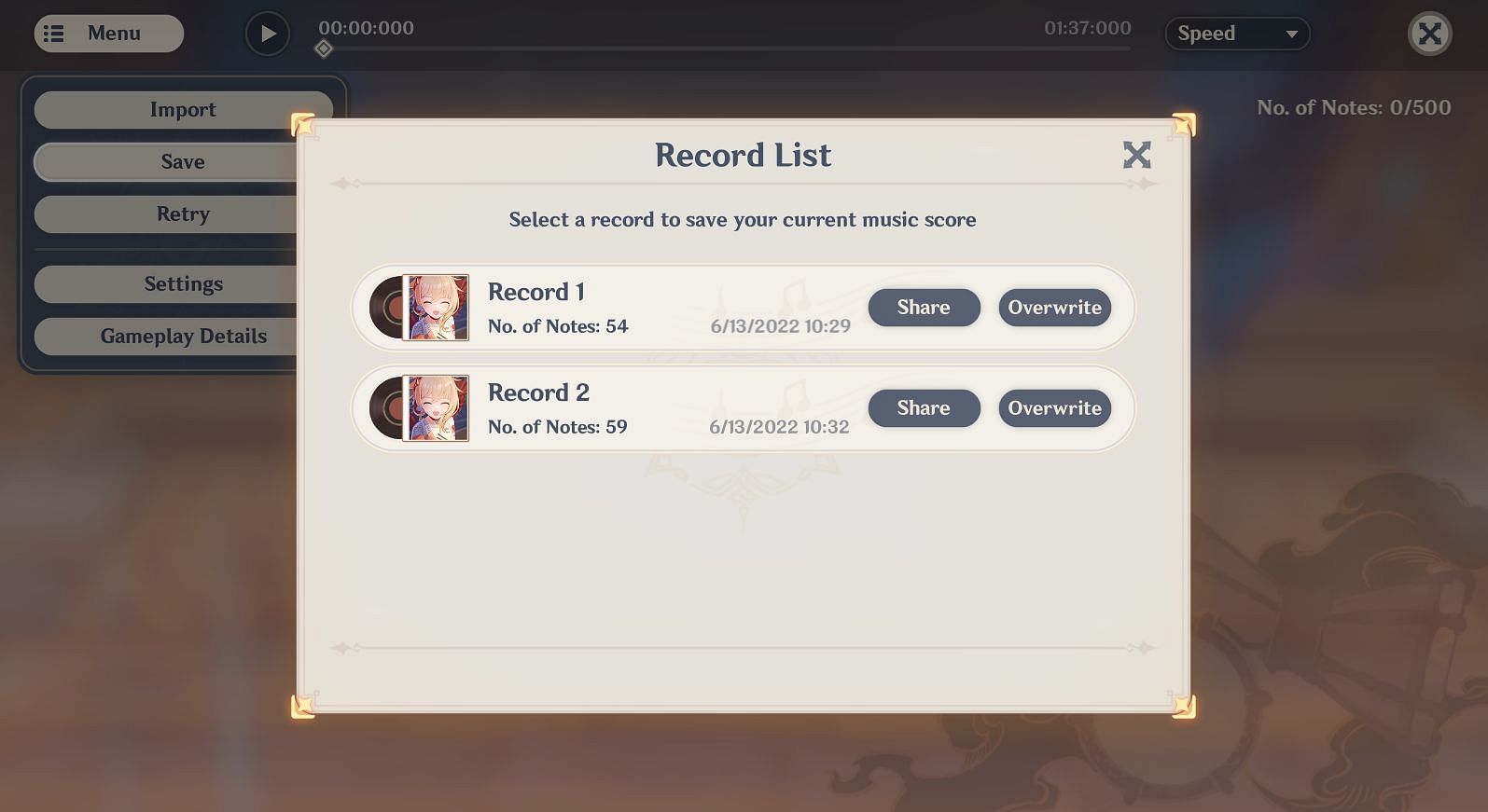 Record List of edited music score (Image via HoYoverse)